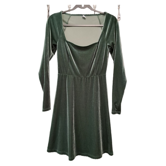 Y2K Style Old Navy Long Sleeve Velvet Dress - Deep Green - Picture 1 of 6
